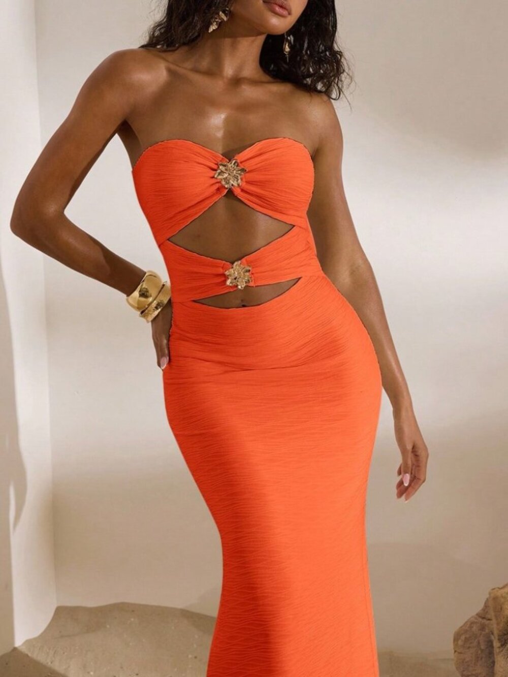Bright Orange Strapless Maxi Dress with Cutout Detail